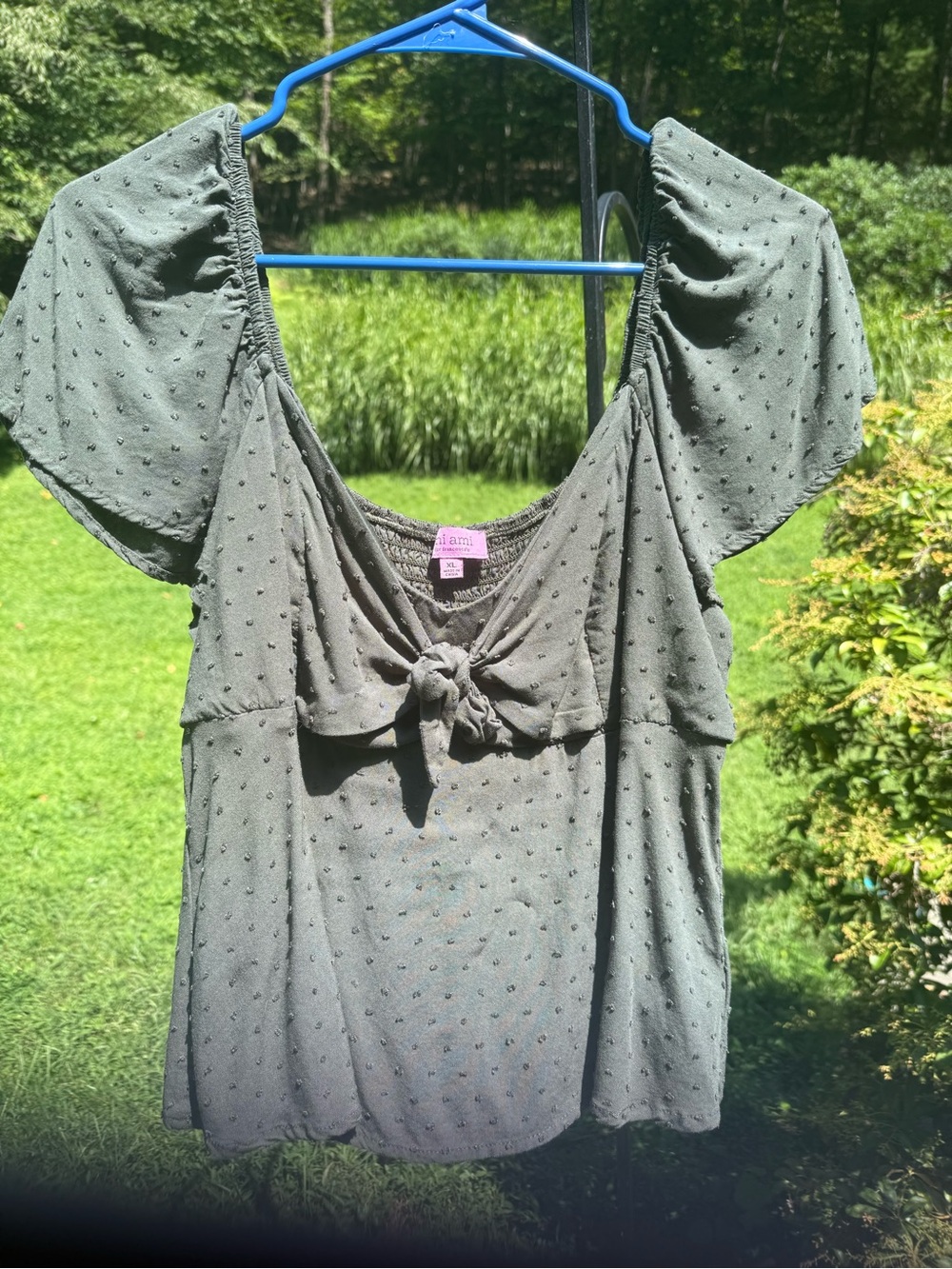 Tie-Front Swiss Dot Short Sleeve Top - Olive Gray